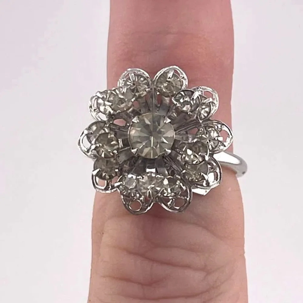 VTG Sarah Coventry Silver Tone Diamond Filigree Burst Statement Ring‎ Adjustable